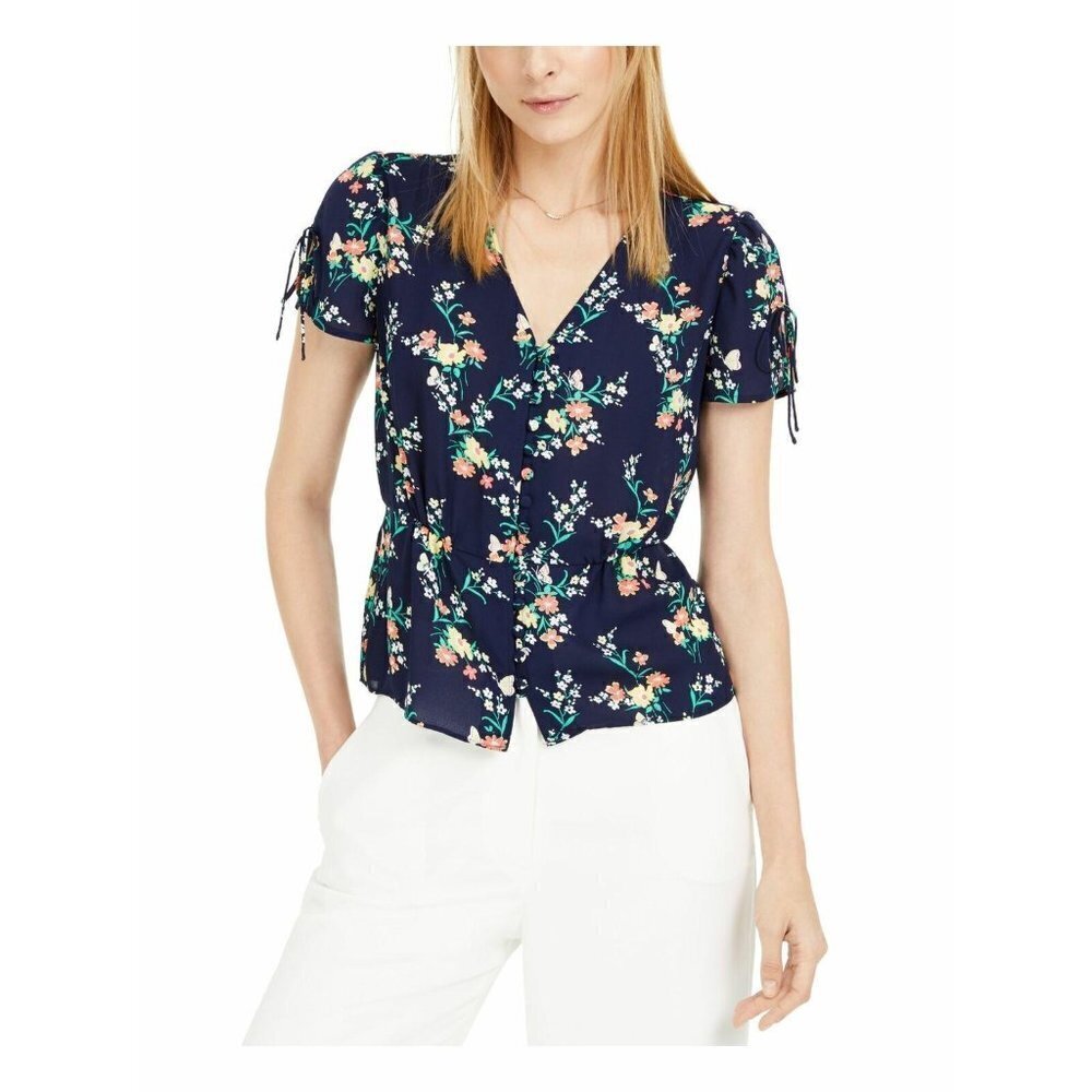 New MAISON JULES Small Navy Tie Floral Short Sleev